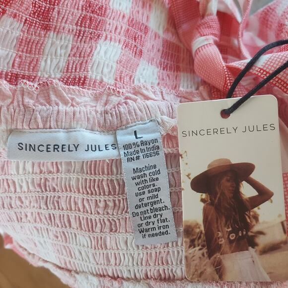 Sincerely Jules Smocked Gingham Red Mini Dress w/ Scrunchie Size Large NWT - Picture 9 of 10
